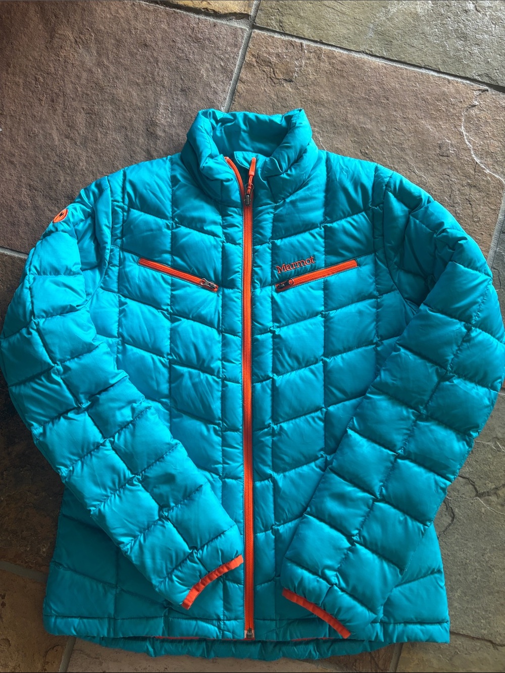 Marmot Turquoise Puffer Jacket with Orange Accents, duck down filled